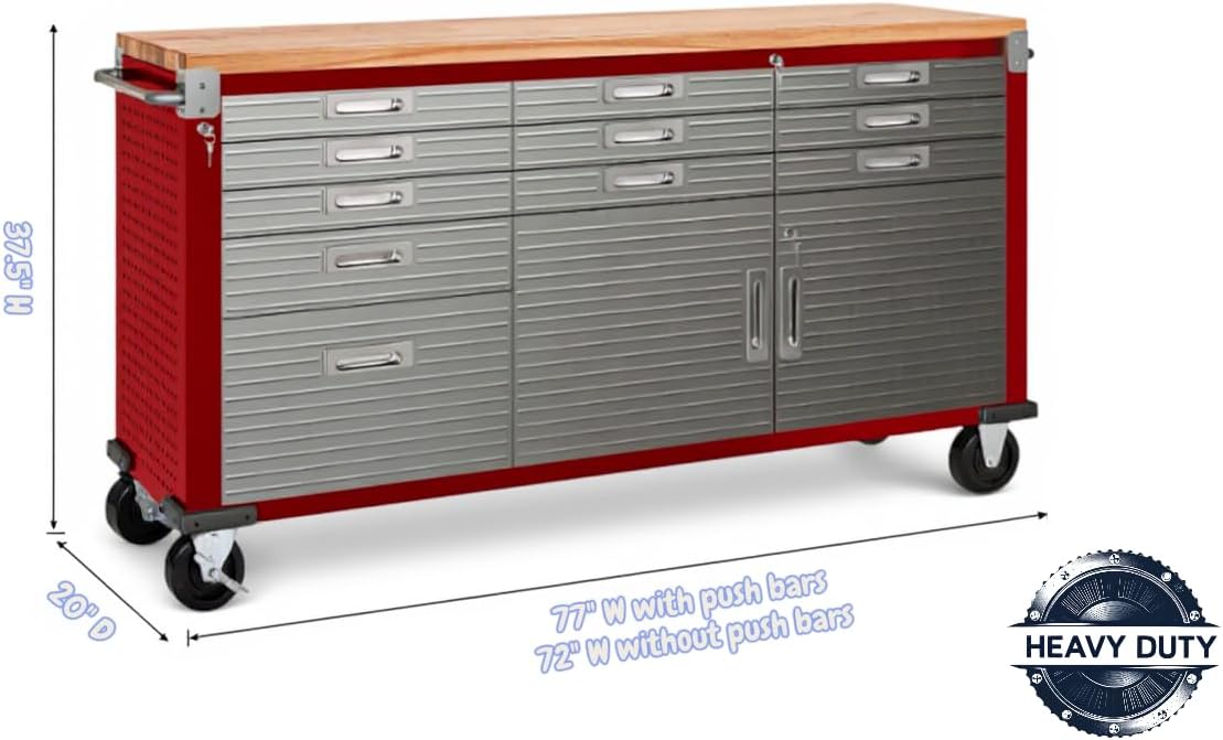 Heavy-Duty Rolling Workbench with Drawers and Cabinet, 77" W x 20" D x 37.5" H, (Red, 11 Drawer)