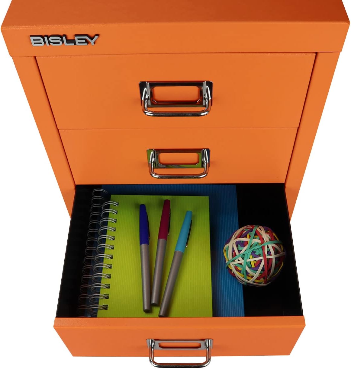 5-Drawer Steel MultiDrawer Cabinet - Orange, by Bisley | Chrome Pull Handles with Label Holders, Powder-Coated Steel, Removable Drawers, Desktop Storage, Labels Included