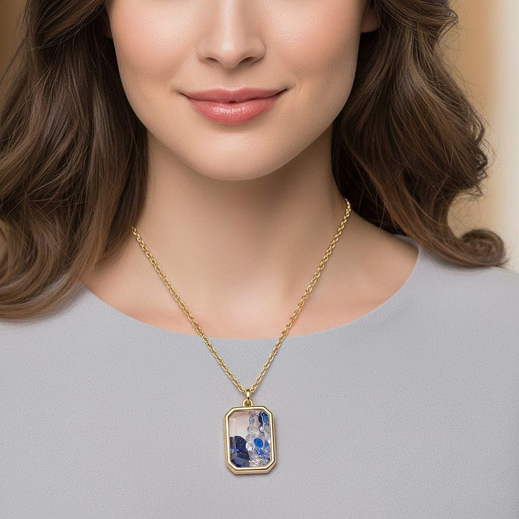 Blue and White Crystal Pendant Necklace in Goldtone 20 Inches