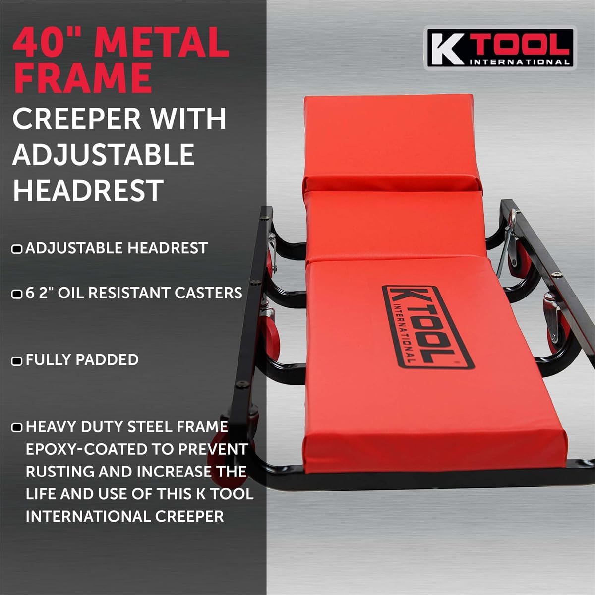 K Tool International 74961 Creeper Seat, Adjustable Headrest with Fully Padded Support, Oil Resistant Rubber Casters