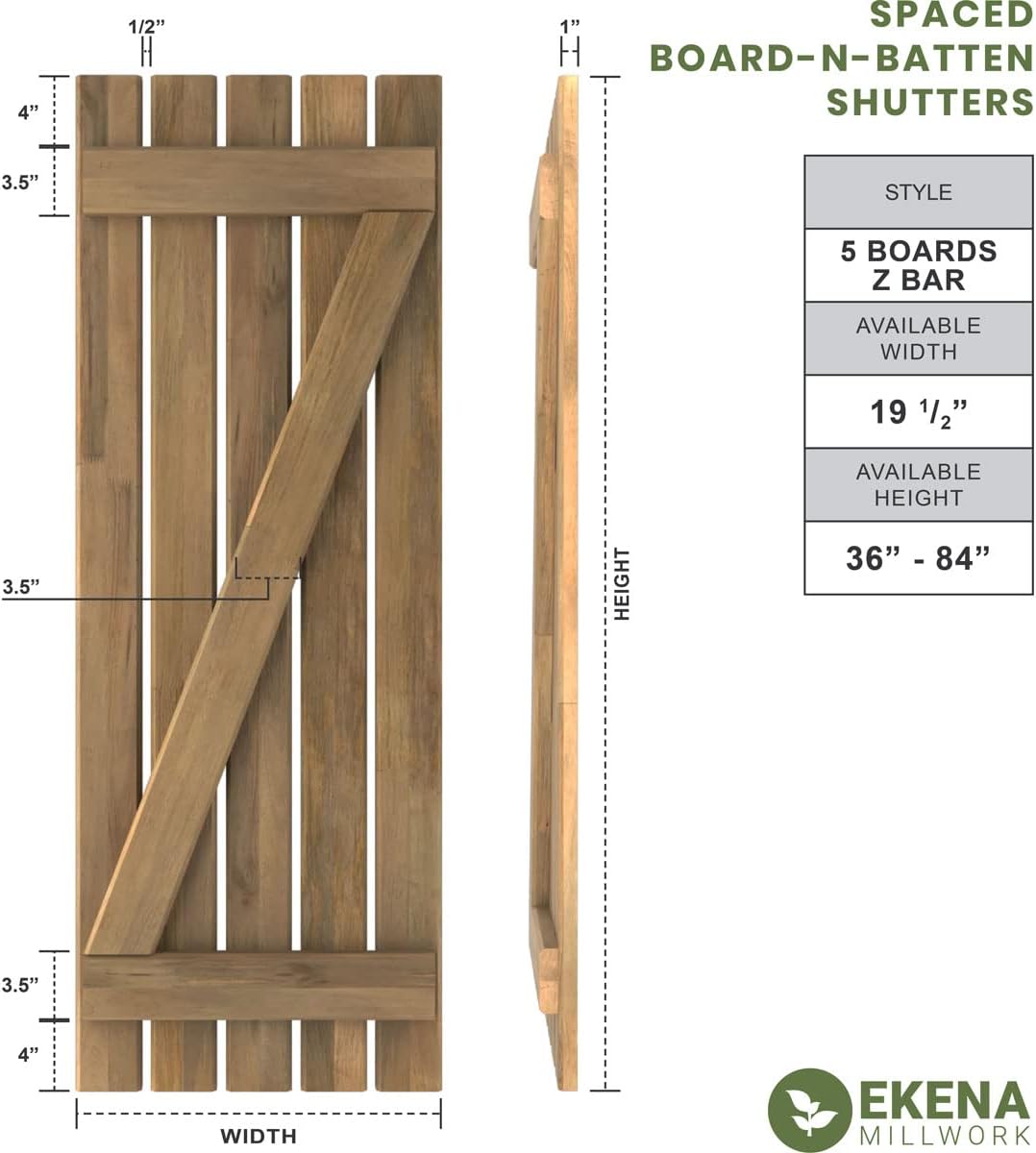 19 1/2"W x 70"H Americraft Five Board (2 Batten) Exterior Real Wood Spaced Board-n-Batten Shutters w/Z-Bar (Per Pair), Unfinished