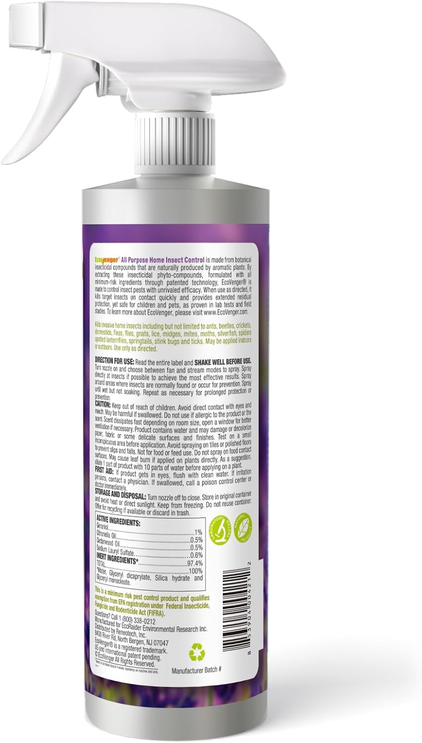 EcoVenger by EcoRaider All Purpose Insect Control 16 oz, Fleas, Fruit Flies, Gnats, Moths, Roaches, Spiders, Fast Kill, Lasting Prevention, Kill Eggs, Plant Extract Based & Non-Toxic, Child & Pet Safe