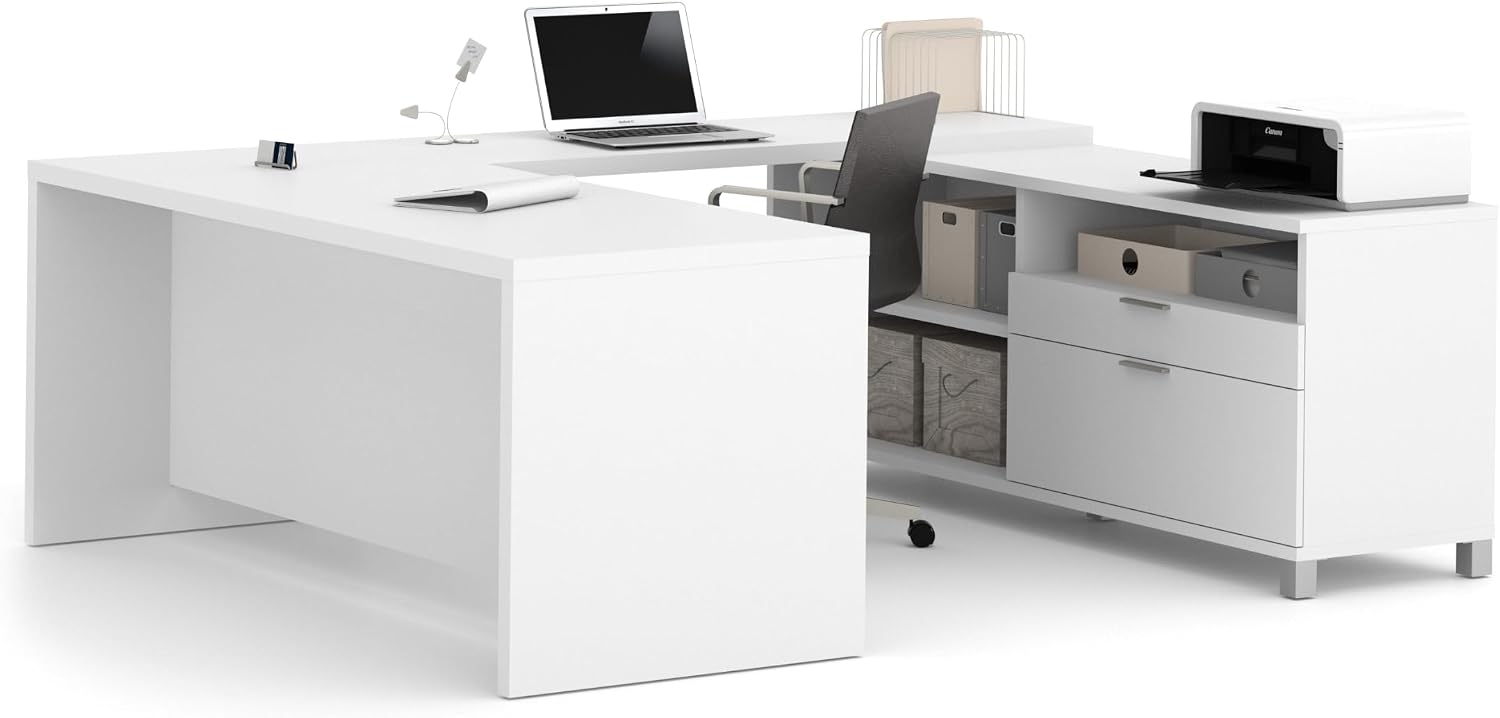 Bestar Pro-Linea 72W U-Shaped Executive Desk in Bark Grey | With Desk Shell, Credenza, Desk Bridge; for home or professional office use; 1 file drawer, 1 box drawer; Wood construction