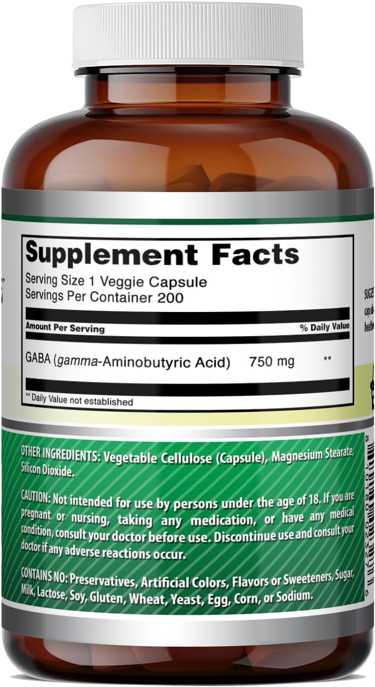 Amazing Formulas GABA Supplement | 750 Mg per Serving | 100 Veggie Capsules | Non-GMO | Gluten-Free | Made in USA | Ideal for Vegetarians