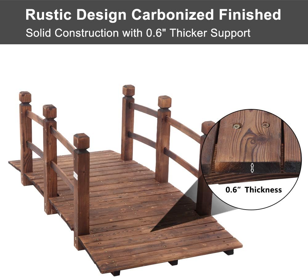 VINGLI 5 ft Garden Bridge, Classic Wooden Arch with Safety Rails Stained Finished Footbridge, Decorative Pond Landscaping, Backyard, Creek or Farm