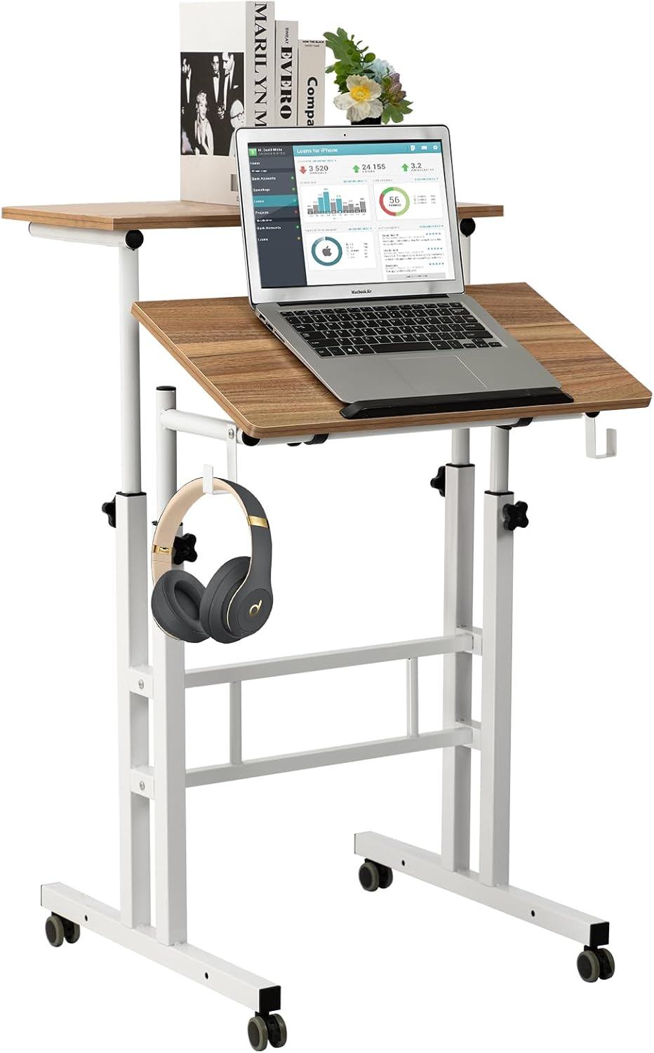SIDUCAL Mobile Standing Desk, Portable Stand Up, Small Adjustable Converter with Wheels Home Office Workstation, Rolling Desk Laptop Cart for Standing or Sitting, Black