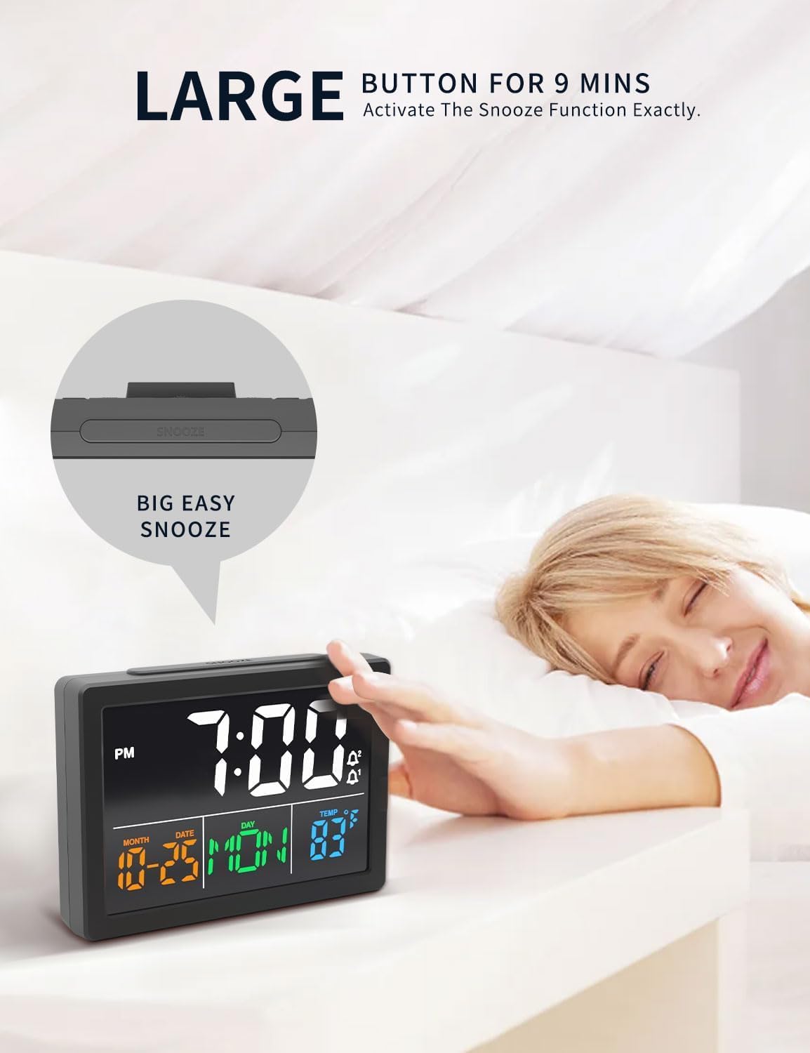 JALL Digital Clock with Date Day for Seniors, Electric Alarm Clocks for Bedrooms with Temperature, 2 Alarms, Dimmer, Dual USB Charger, Battery Backup