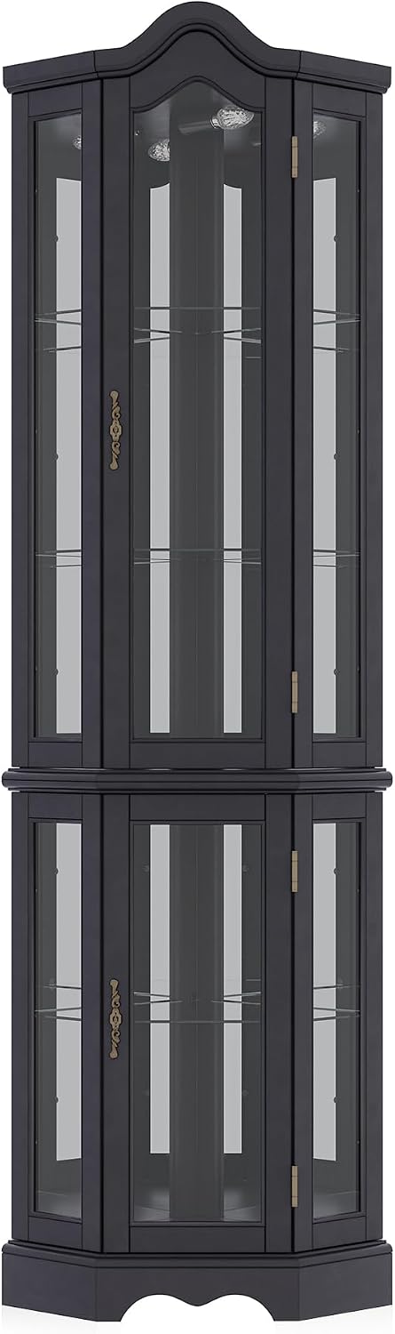BELLEZE Lighted Corner Display Curved Top Curio Cabinet Wooden Shelving Unit with Tempered Glass Door