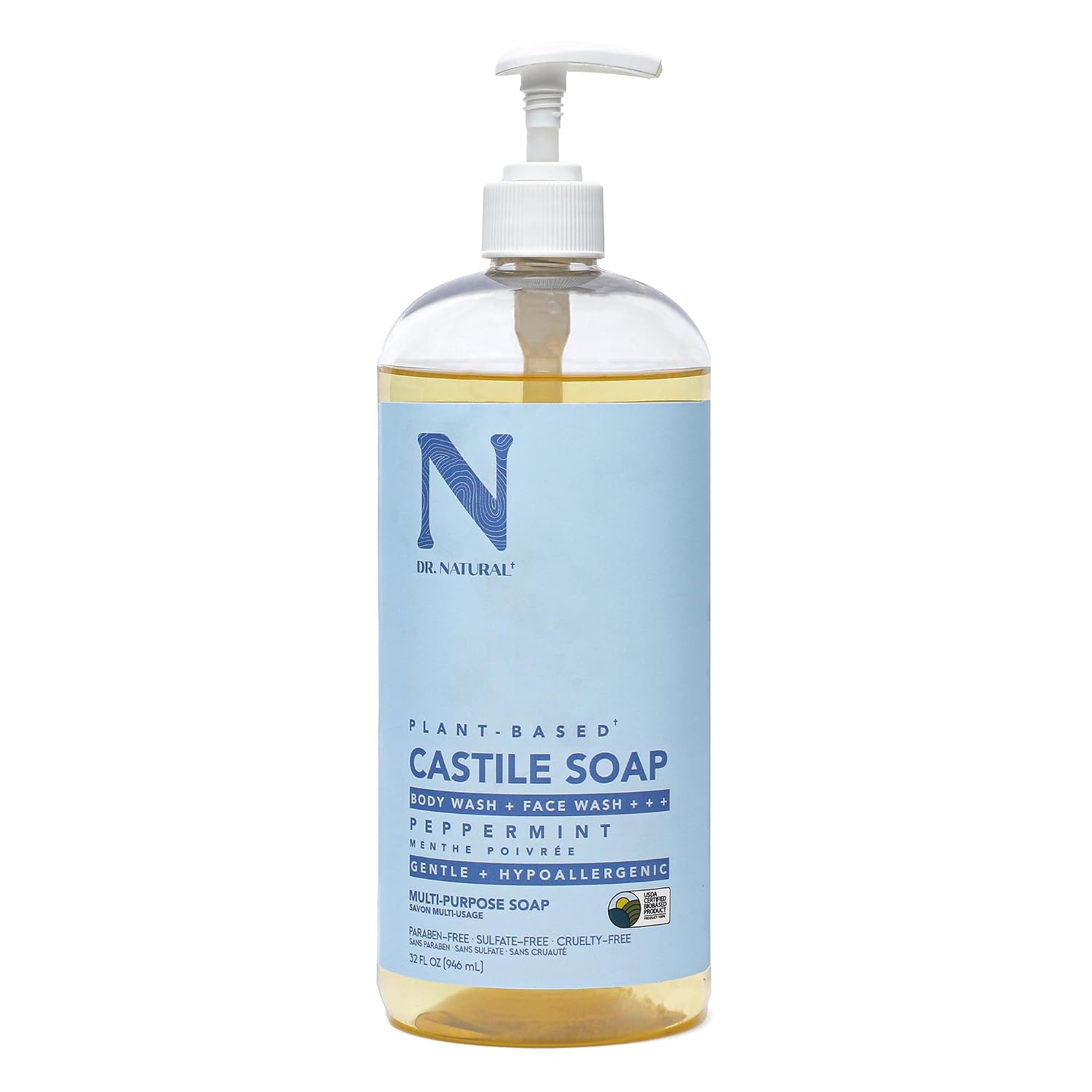 Dr. Natural Castile Liquid Soap - Multi-Use Body Wash, Shampoo and Face Wash - Hydrating Body Soap for Skin, Hair, Pets and Home - Eucalyptus - 32 oz