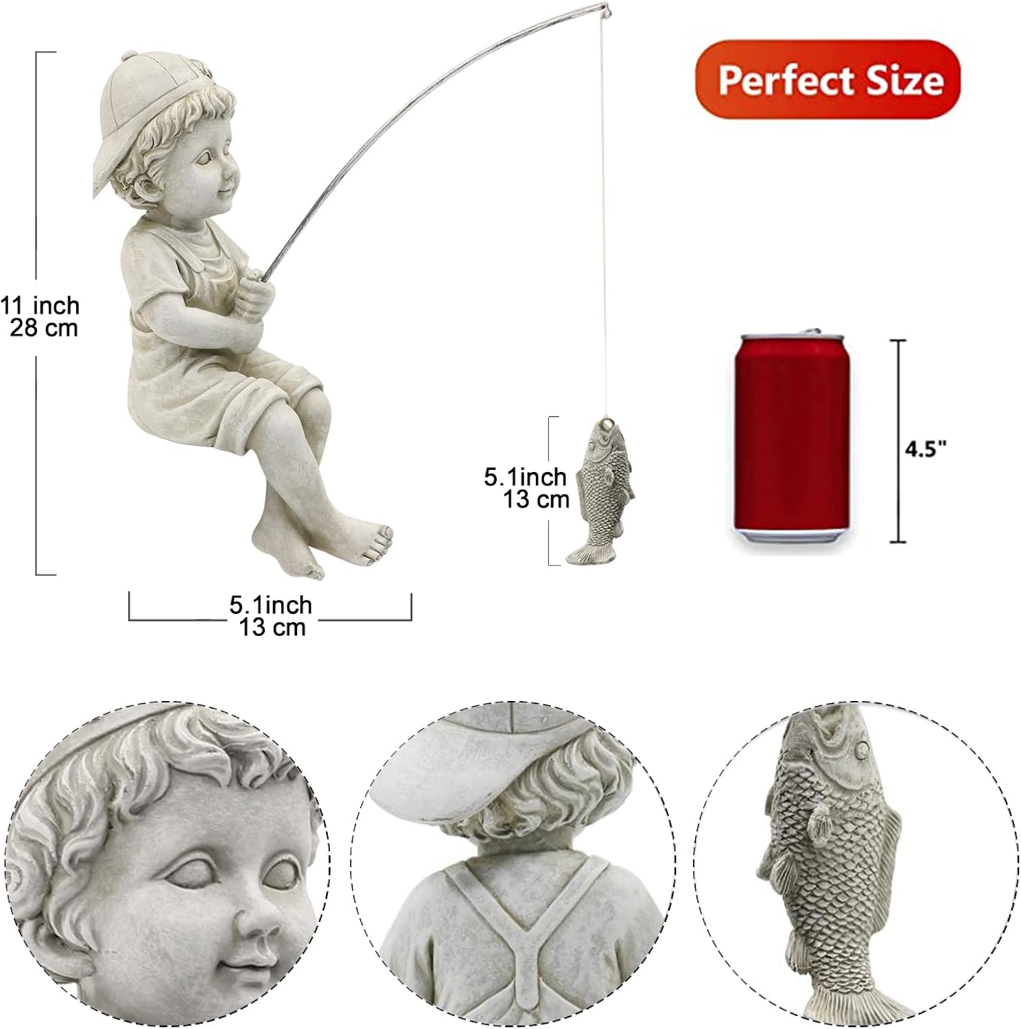 Goodeco Fisherboy Statue Garden Decor - 11" Little Fishing Guy for Koi Pond or Waterfalls, Poolside Statue with Glow in Dark Pebbles Included