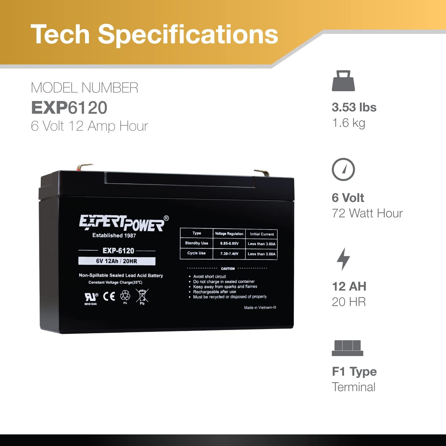 ExpertPower EXP6120 6V 12Ah - SLA AGM 6V Battery for Emergency Light, Deer Feeder, Solar Storage, Electric Scooters, 6 Volt Battery Rechargeable