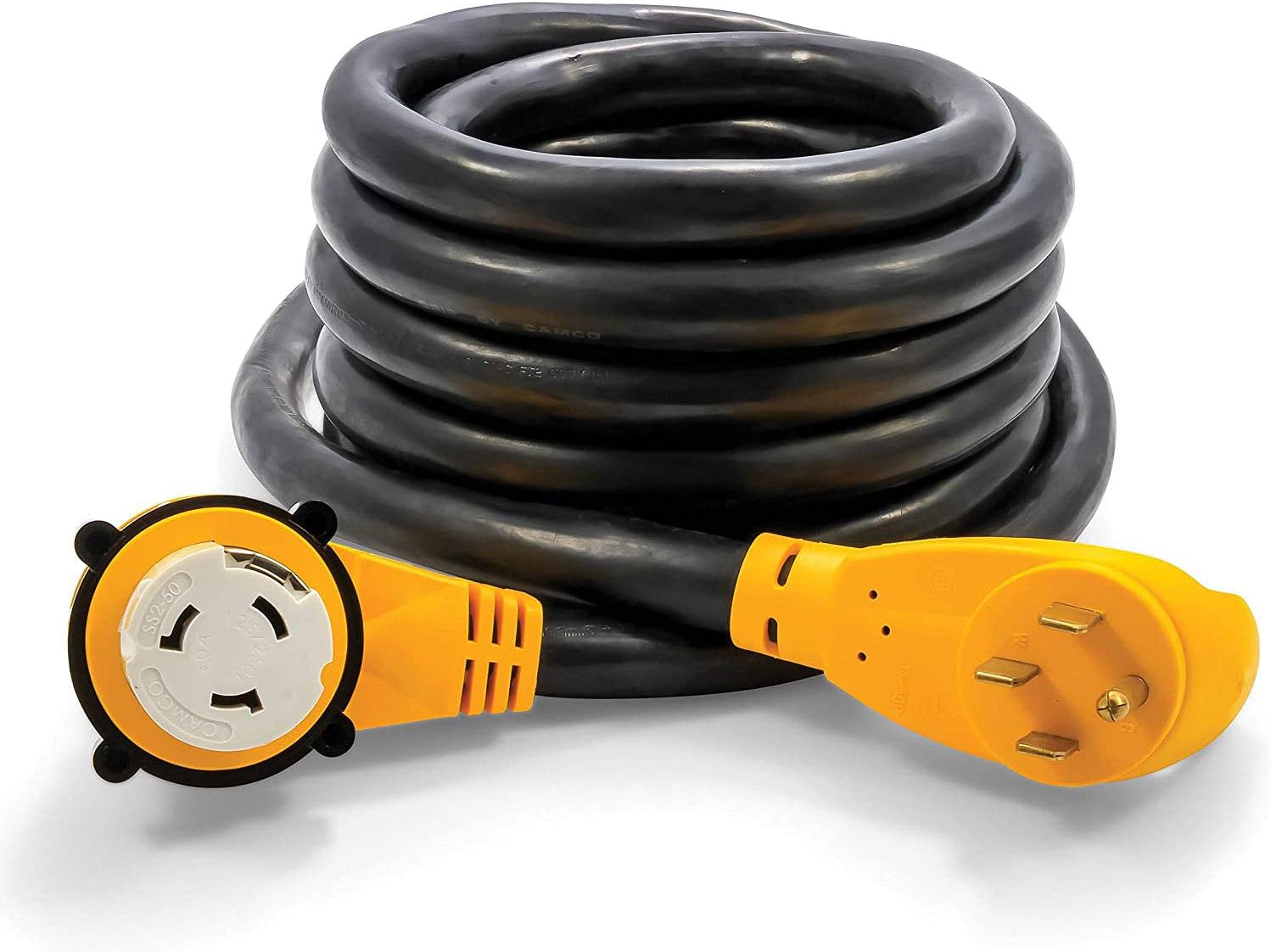 Camco Power Grip 25-Ft 50 Amp RV Extension Cord - NEMA 14-50P Male & FSS2-50R Locking Female Connectors - Rated for 125/250 V/12,500 W - Features Copper 6/3 + 8/1-Gauge Wires for Conductivity (55542)