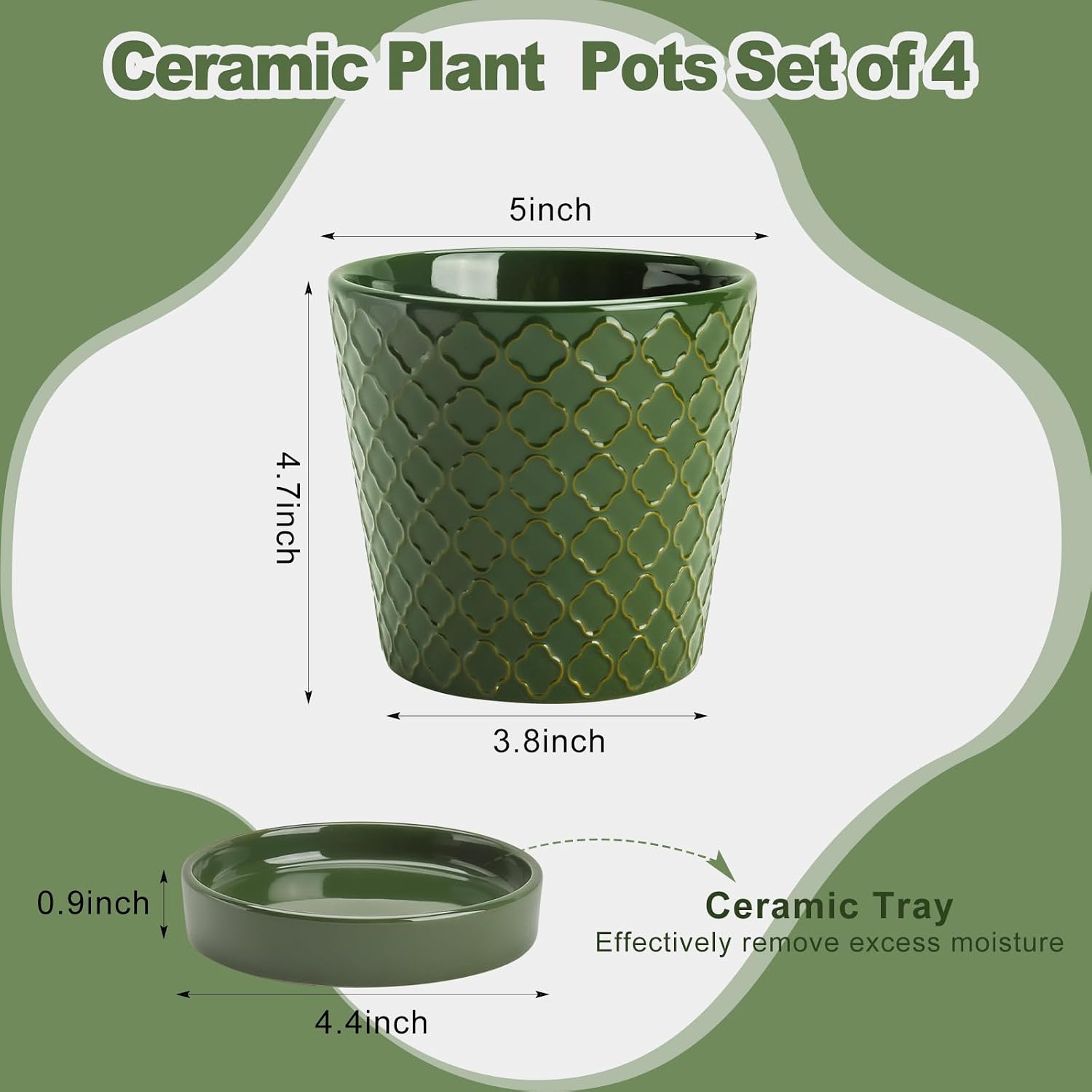 EFISPSS Ceramic Plant Pots, 5 Inch Planters with Drainage Holes and Ceramic Tray, Relief Design Flower Planter