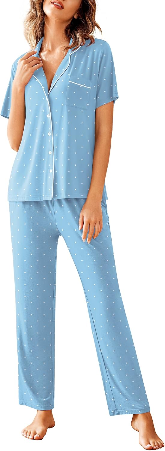 Avidlove Women Pajamas Set Notch Collar Soft Sleepwear Pjs Short Sleeve Button Down Nightwear with Long Pants