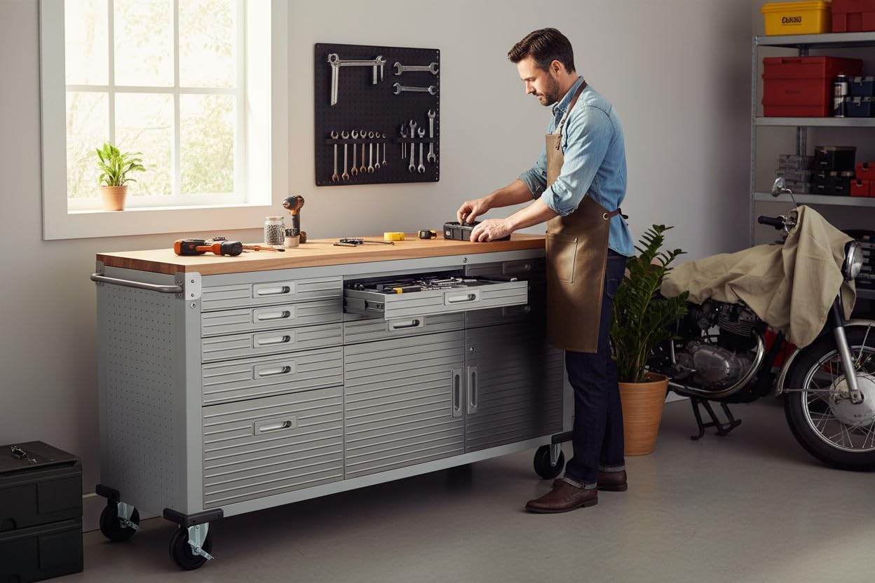 Heavy-Duty Rolling Workbench with Drawers and Cabinet, 77" W x 20" D x 37.5" H, (Red, 11 Drawer)