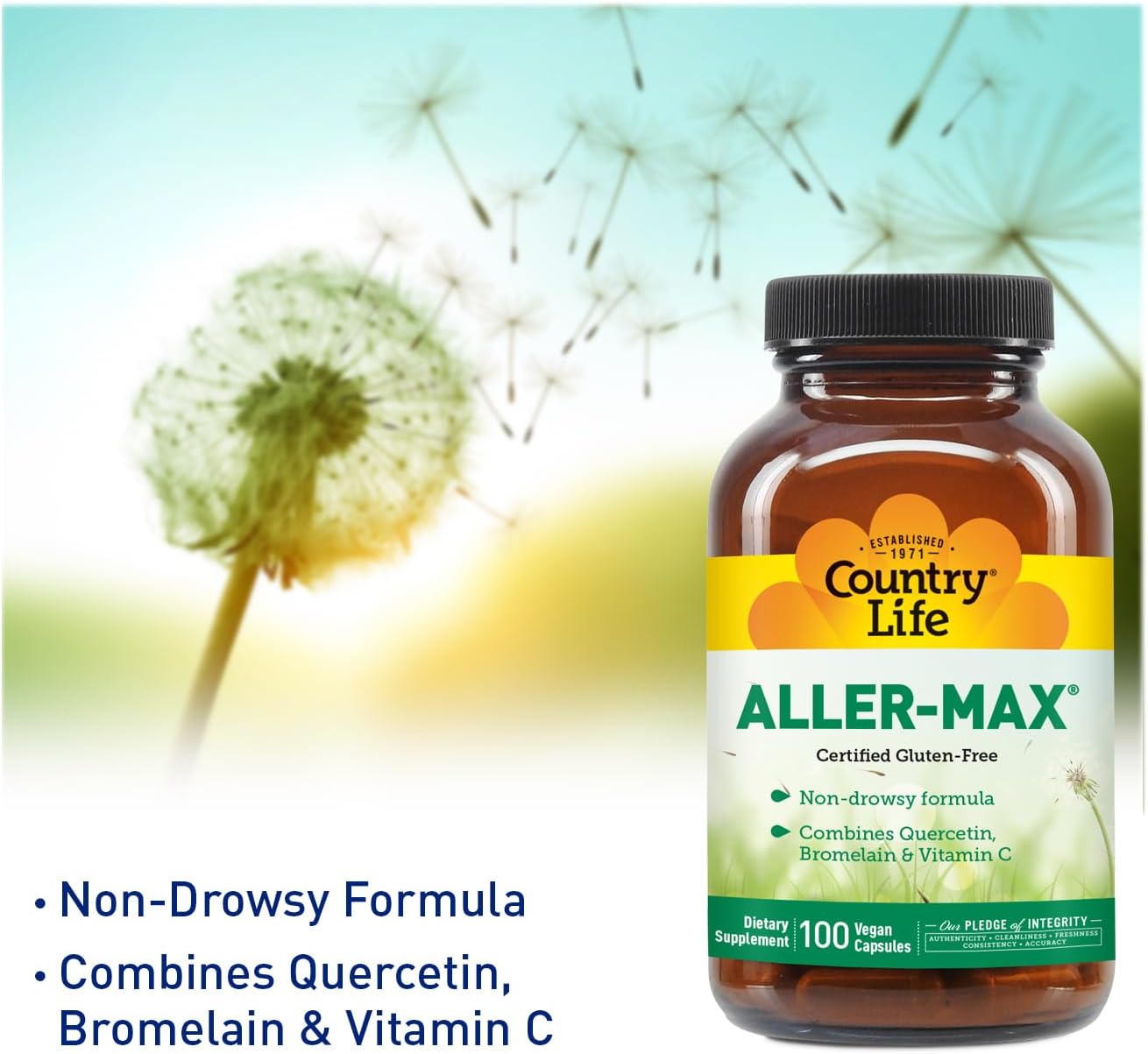 Country Life Aller-Max Quercetin & Bromelain, 100 Vegan Capsules | Non-drowsy formula with vitamin C, zinc, N-acetyl cysteine and a botanical blend