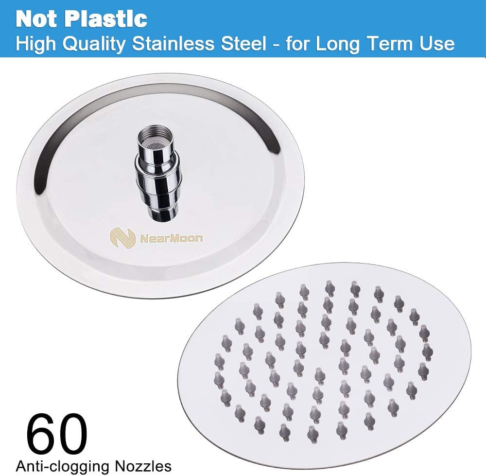 NearMoon Rain Shower Head, Ultra-Thin Design-Pressure Boosting, Awesome Some Experience, High Flow Stainless Steel Rainfall Head (10 Inch
