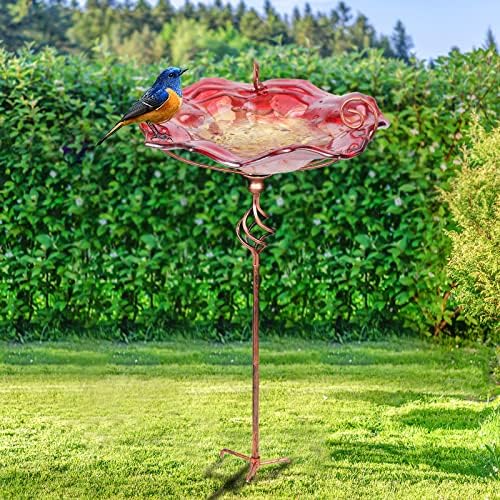 VCUTEKA Glass Bird Bath Outdoor Birdfeeder with Metal Stake Garden Decor