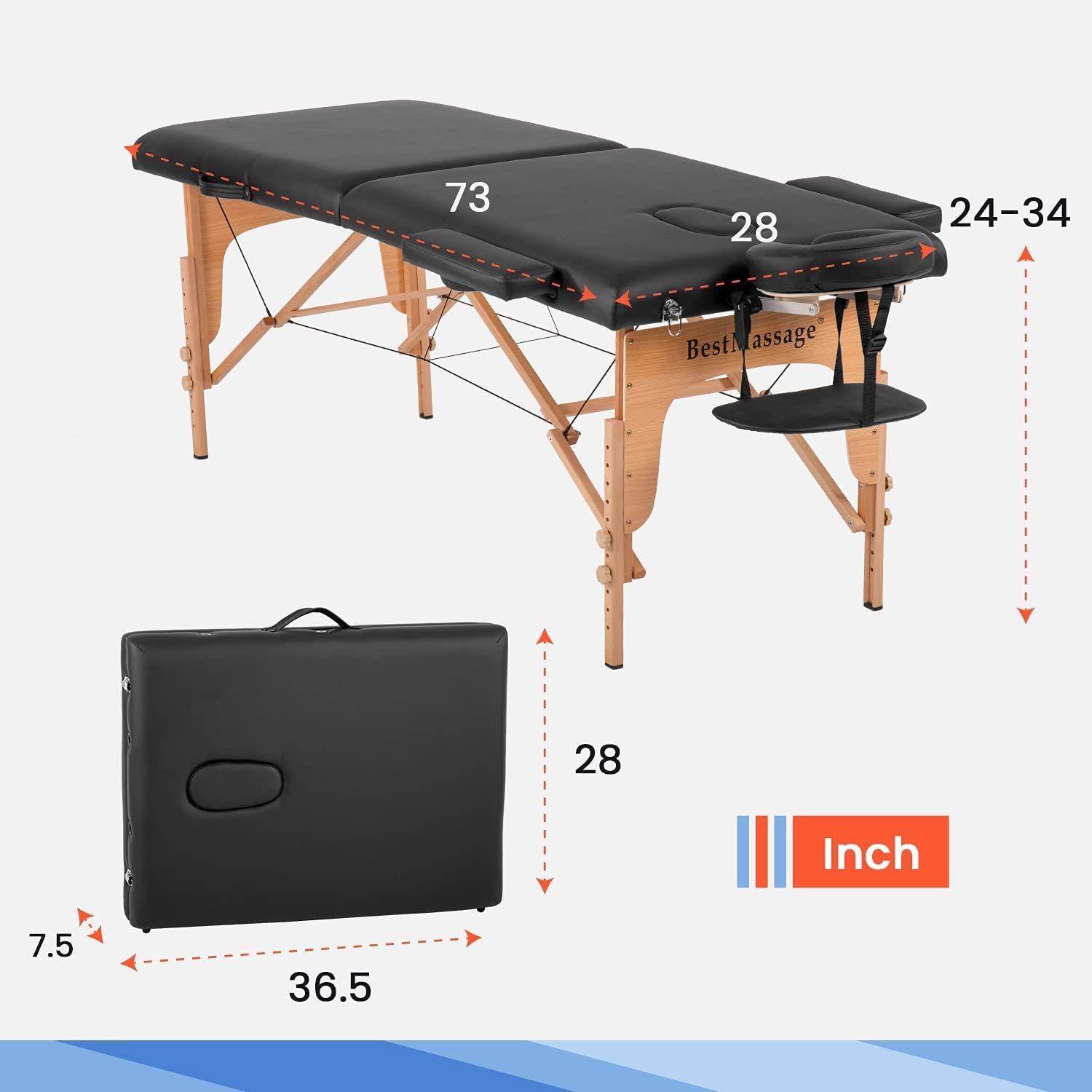 BestMassage Massage Bed Portable Massage Table 28 inch Wide Lash Bed Height Adjustable PU Leather 2 Folding with Oxford Bag for Spa Footmassage Facial CareSpa Tattoo