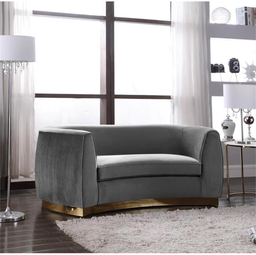 Meridian Furniture Julian Collection Modern | Contemporary Velvet Upholstered Loveseat with Stainless Steel Base in Rich Gold Finish, Black, 70" W x 34" D x 28" H