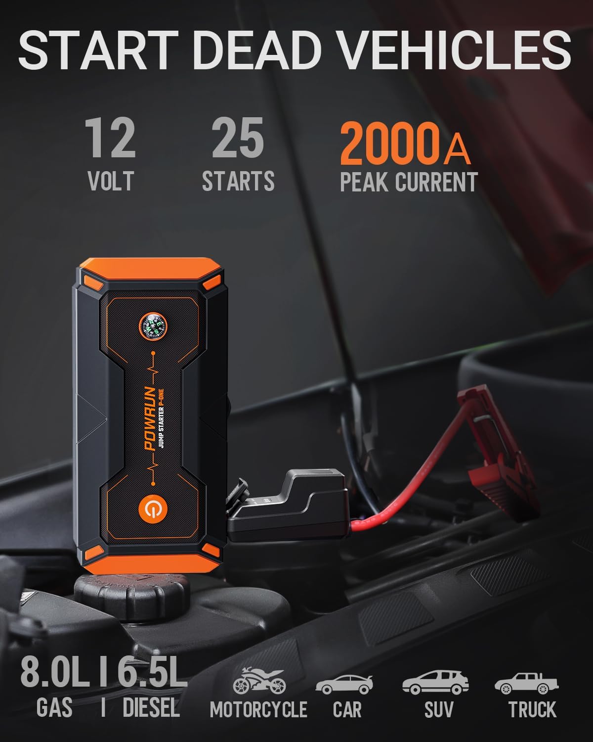 Powrun P-ONE Jump Starter, 2000A Portable Jump Box - Car Jump Starter Battery Pack for up to 8.0L Gas and 6.5L Diesel Engines