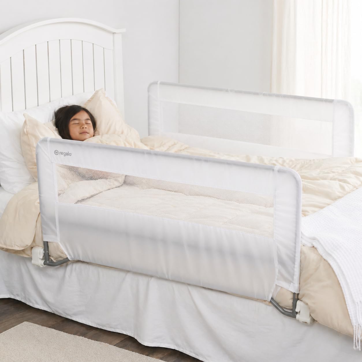 Regalo Safety 54” Extra Long Hideaway Bed Rail Guard for Toddlers, Toddler Bed Rail with Reinforced Anchor Safety System, 20” Tall Bed Safety Rail, Fits Twin, Full & Queen Beds