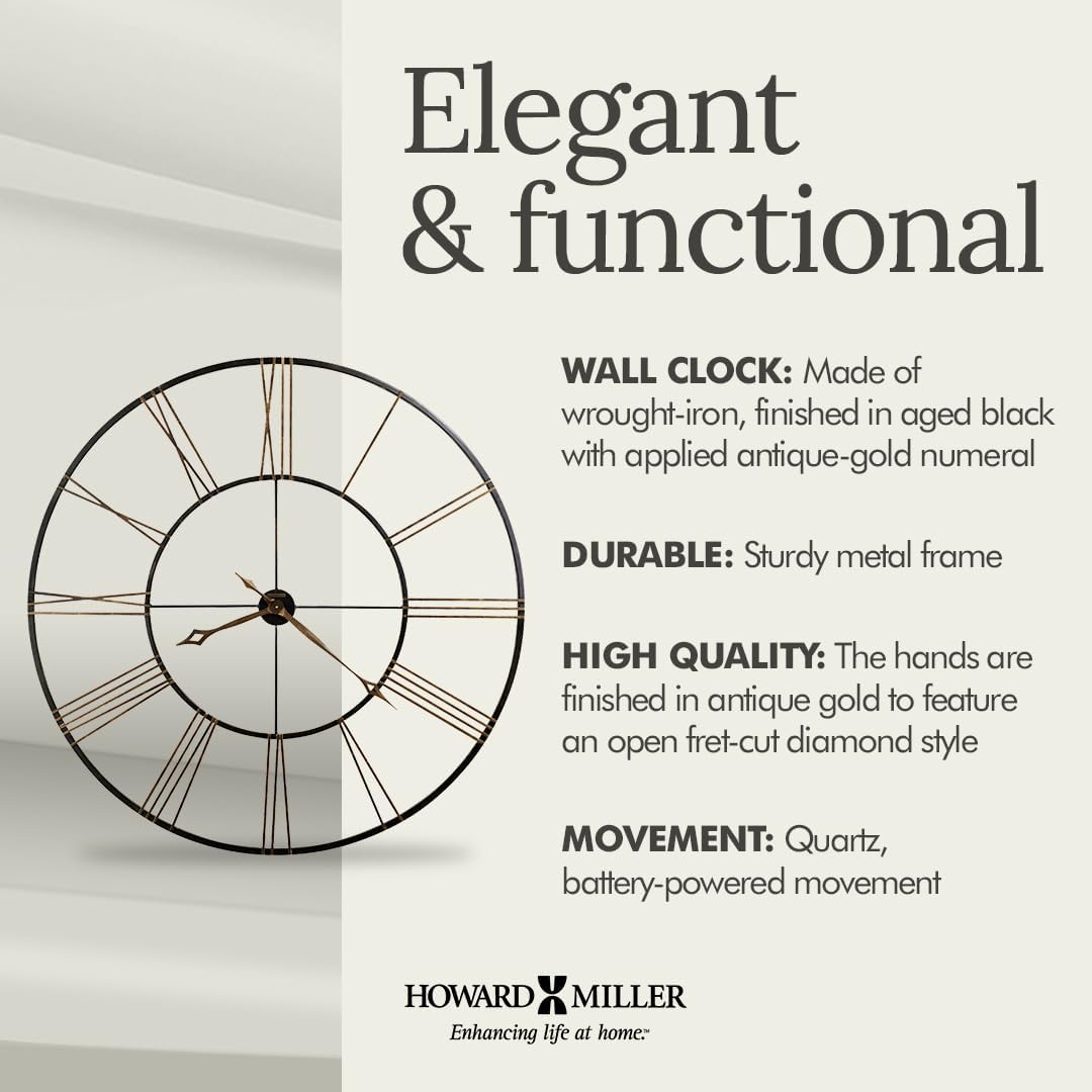 Howard Miller Postema Gallery Wall Clock | Wrought Iron Black Finish | Oversized Analog Clock with Roman Numerals | Quartz Movement | for Bedroom