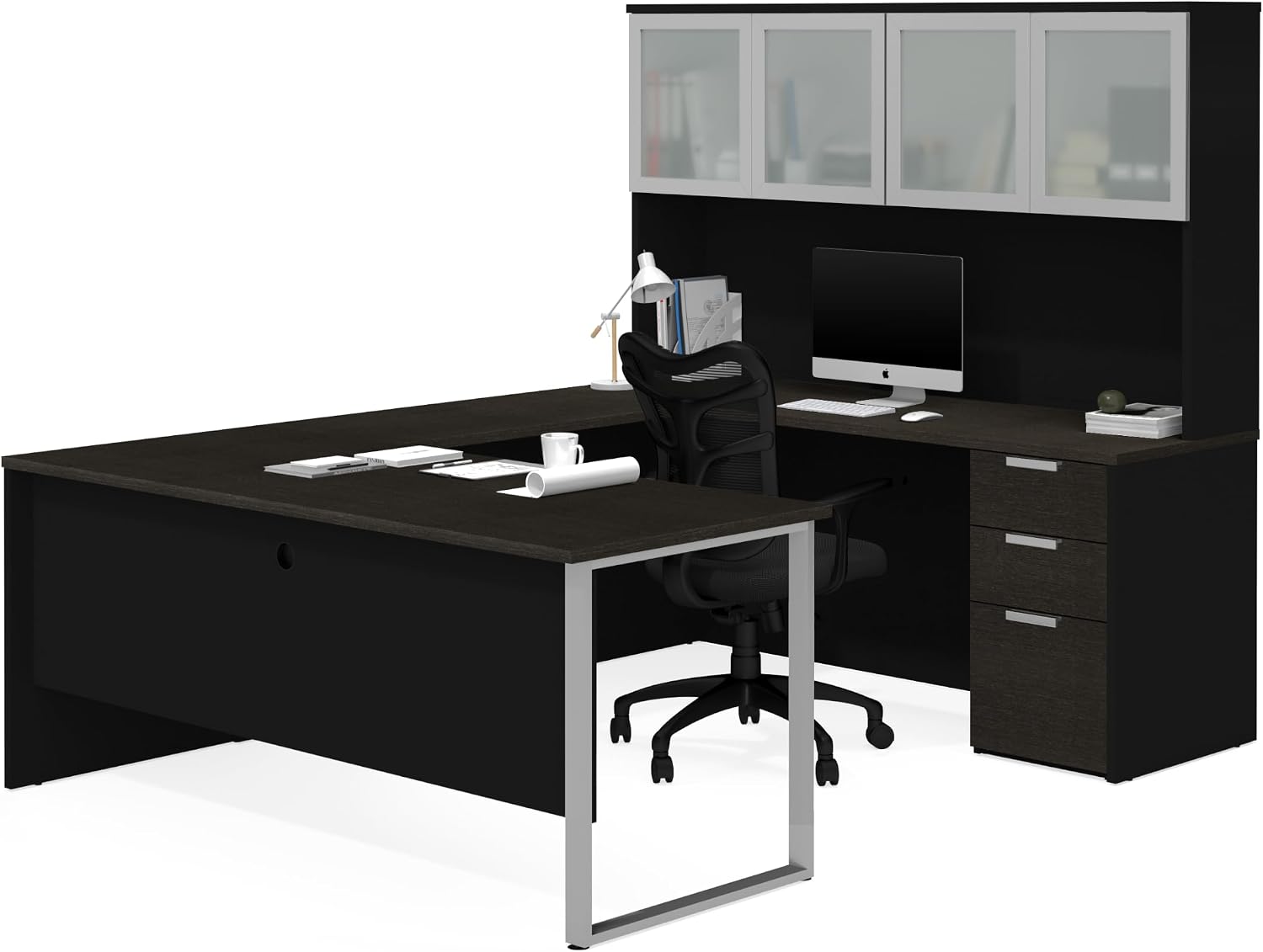 Bestar Pro-Concept Plus U-Shaped Executive Desk with Pedestal and Frosted Glass Doors Hutch