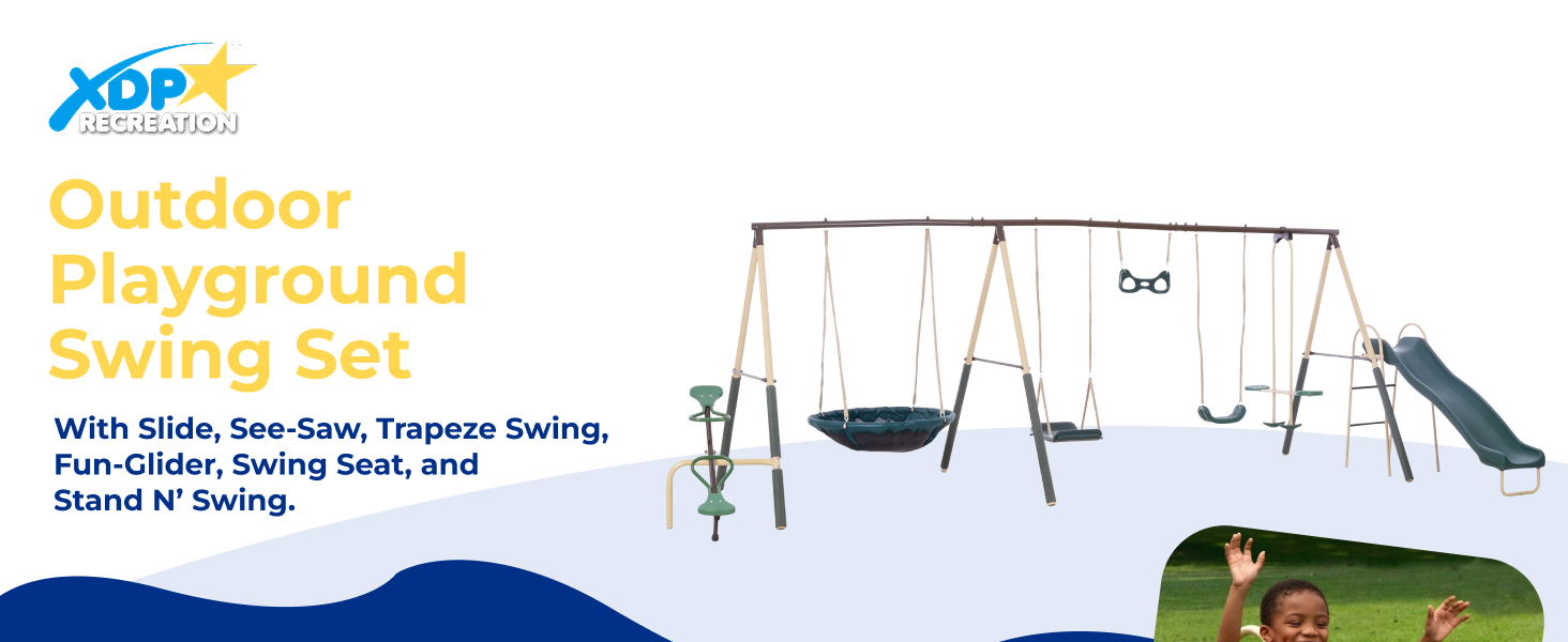 XDP Recreation metal backyard swing set for up to 10 kids. Includes a slide, see-saw, &amp;amp; 5 swings