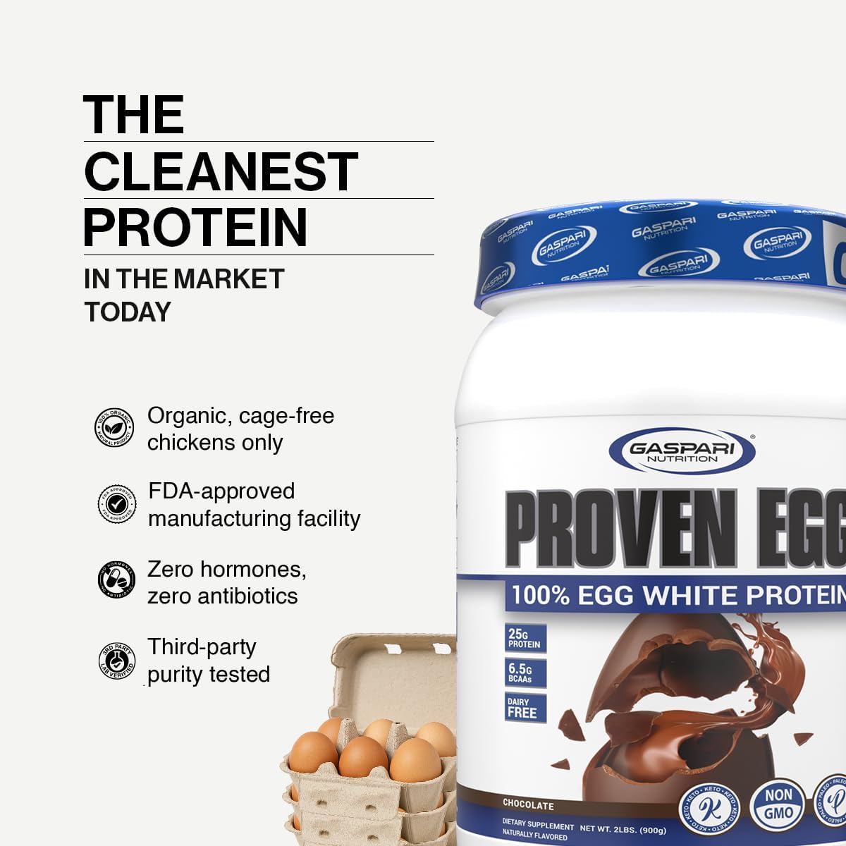 Gaspari Nutrition Proven Egg White Protein Powder, 25g Chocolate Protein Powder, 100% Egg White Protein, Keto Friendly, Dairy and Lactose Free, Soy Free (2 lbs, Chocolate)
