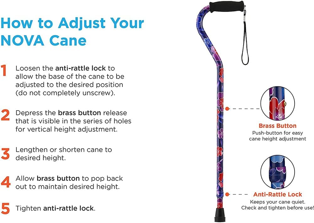 NOVA Designer Walking Cane with Offset Handle, Lightweight Adjustable Walking Stick with Carrying Strap, “Maui Flowers” Design