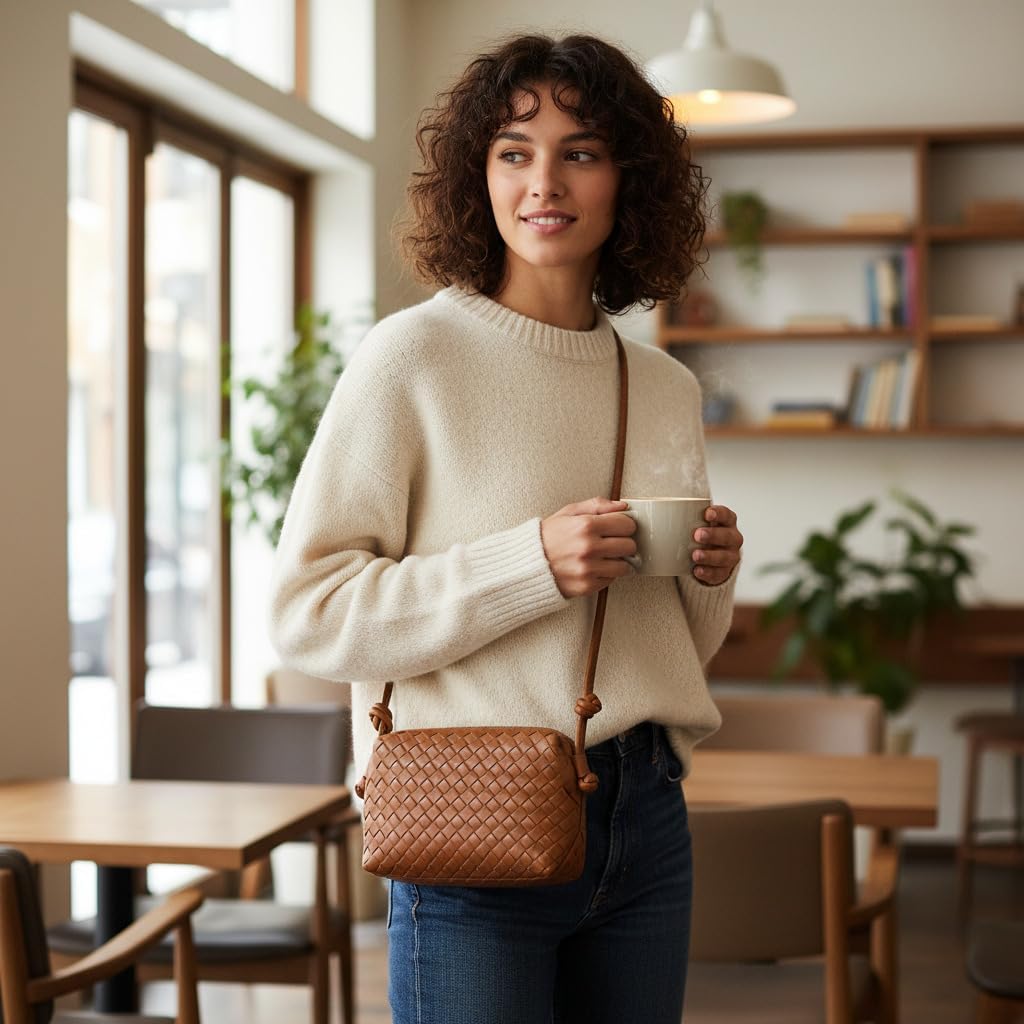Woven Crossbody Bag for Women: Vegan Leather Handbag for Leisure | Classic Handwoven Bag For Style - Compact Design, Lightweight, Minimalist Style, Fits Phone, Cards & Key, Ideal for Daily Use