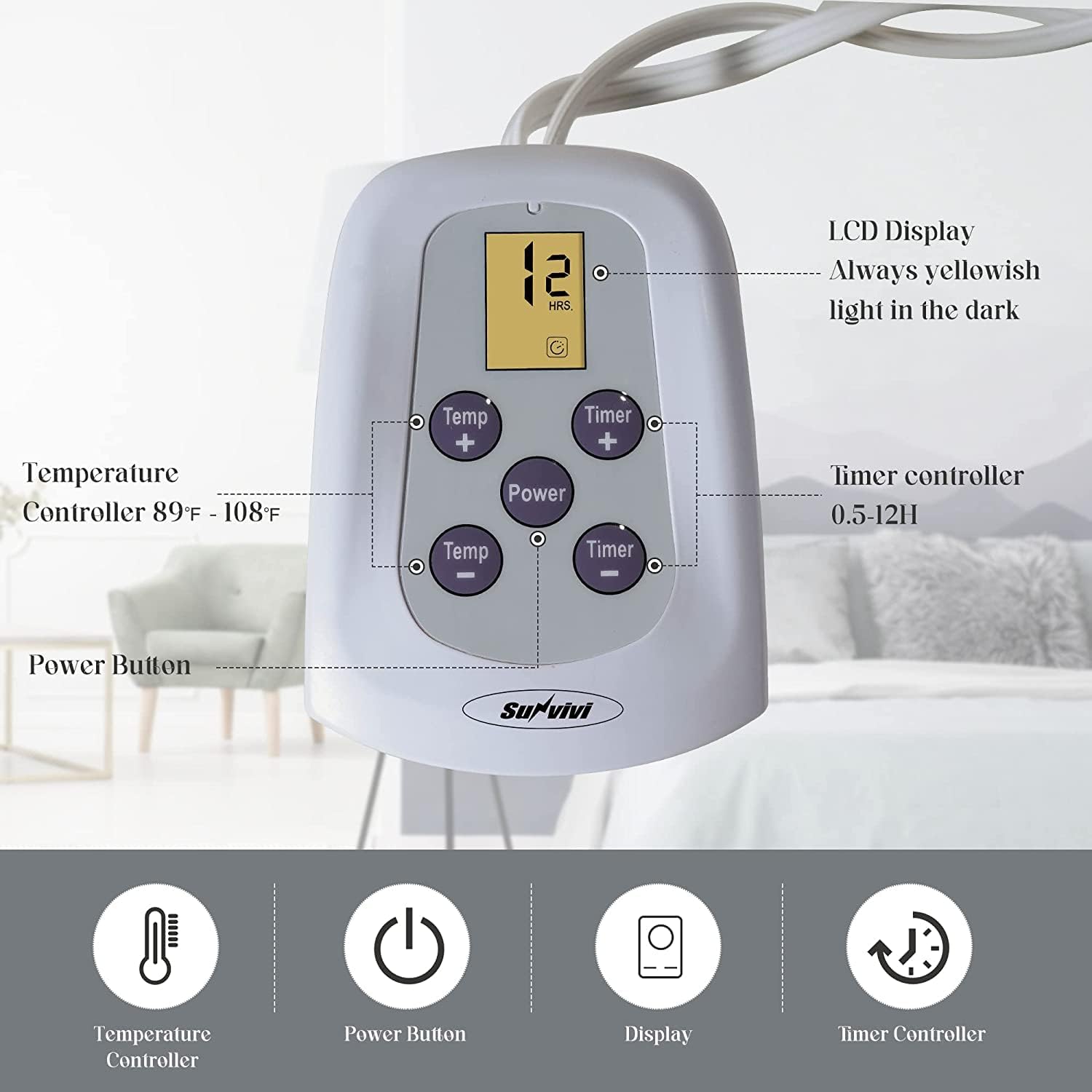 SUNVIVI Heated Blanket King Size, Heating Electric Throw Blanket Dual Control, 10 Heat Settings, 12 Hours Auto Off, Machine Washable, ETL Certified