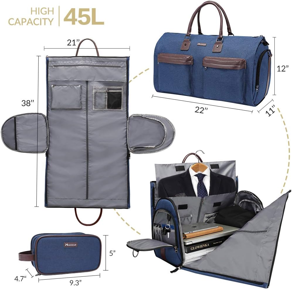 Convertible Garment Bag with Shoulder Strap, Modoker Carry on Garment Duffel Bag for Men Women - 2 in 1 Hanging Suitcase Suit Travel Bags, Blue, 45l