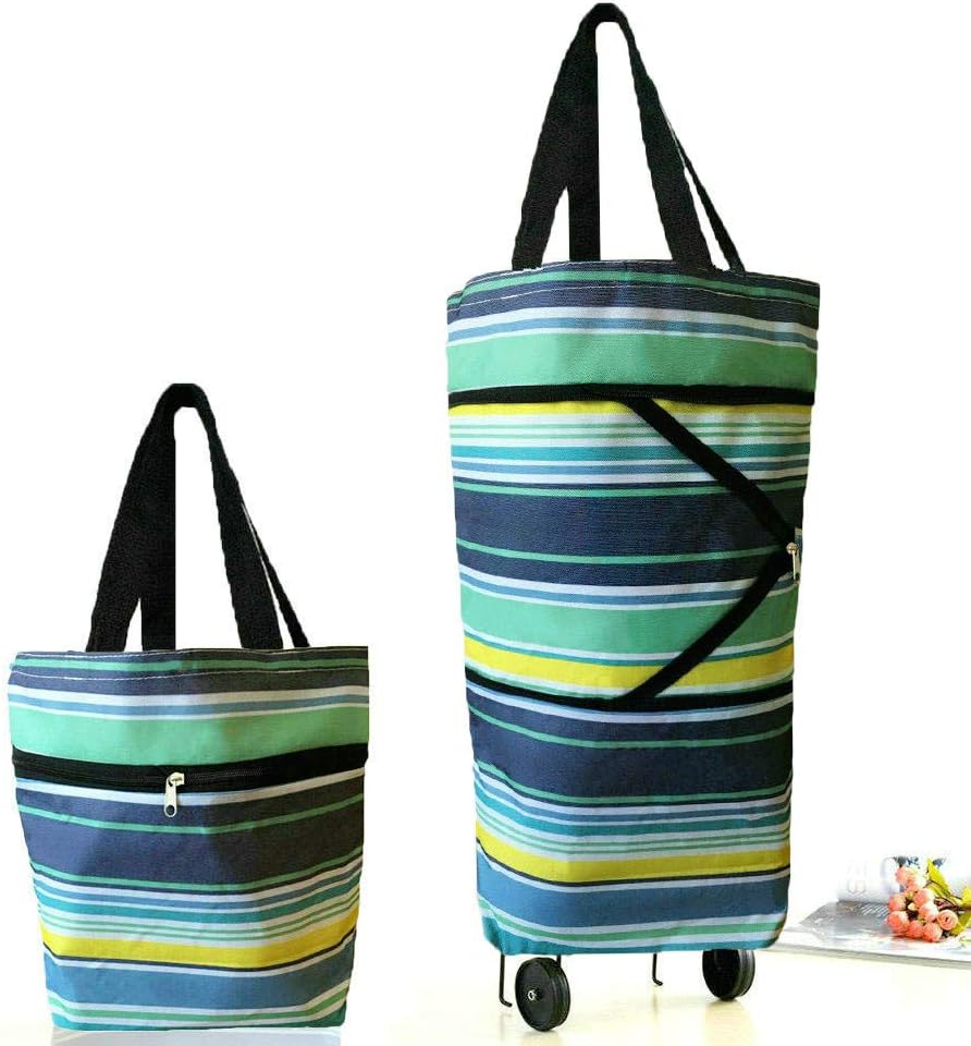 Collapsible Shopping Bag with Wheels Portable Shopping Cart with 360° Swivel Wheels Rolling Tote Bag Reusable Grocery Bag Trolley Bag on Wheels for Travel Shopping and Daily Use(Blue)