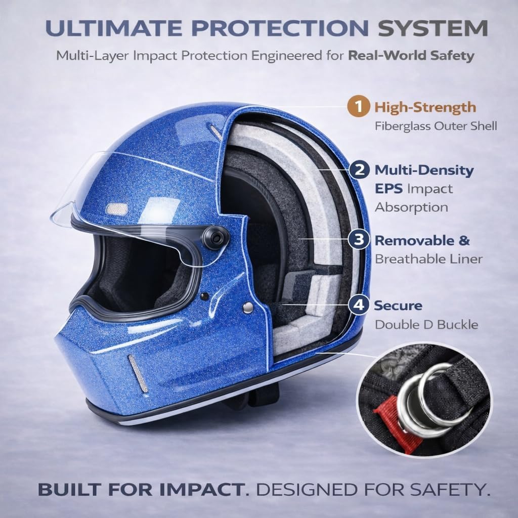 CRG Sports Retro Full Face Motorcycle Helmet, DOT Approved Fiberglass Street Bike Helmet with Clear Visor, Lightweight Cafe Racer Cruiser Motorcycle Helmet