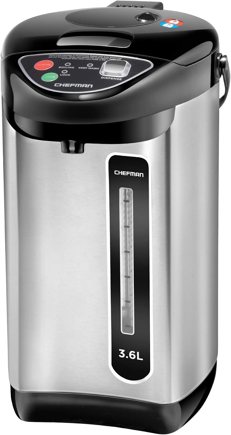 Chefman Electric Hot Water Pot Urn w/Auto & Manual Dispense Buttons, Safety Lock, Instant Heating for Coffee & Tea, Auto-Shutoff & Boil Dry Protection