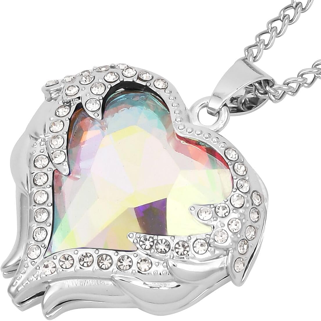 Mystic Color Glass Crystal Heart Pendant Necklace 24-26"Earrings