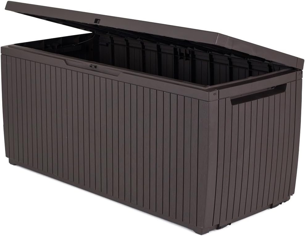 Keter Springwood 80 Gallon Resin Outdoor Storage Box for Patio Furniture Cushions, Pool Toys, and Garden Tools with Handles, Brown