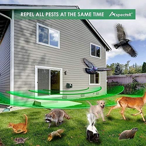 ASPECTEK Yard Sentinel Ultrasonic Animal Repeller with Strobe Light, 3 Mode Protection, Motion Sensor, Deterrent for Deer, Raccoons, Squirrels and Opossums AC and Battery Powered - 1 Pack