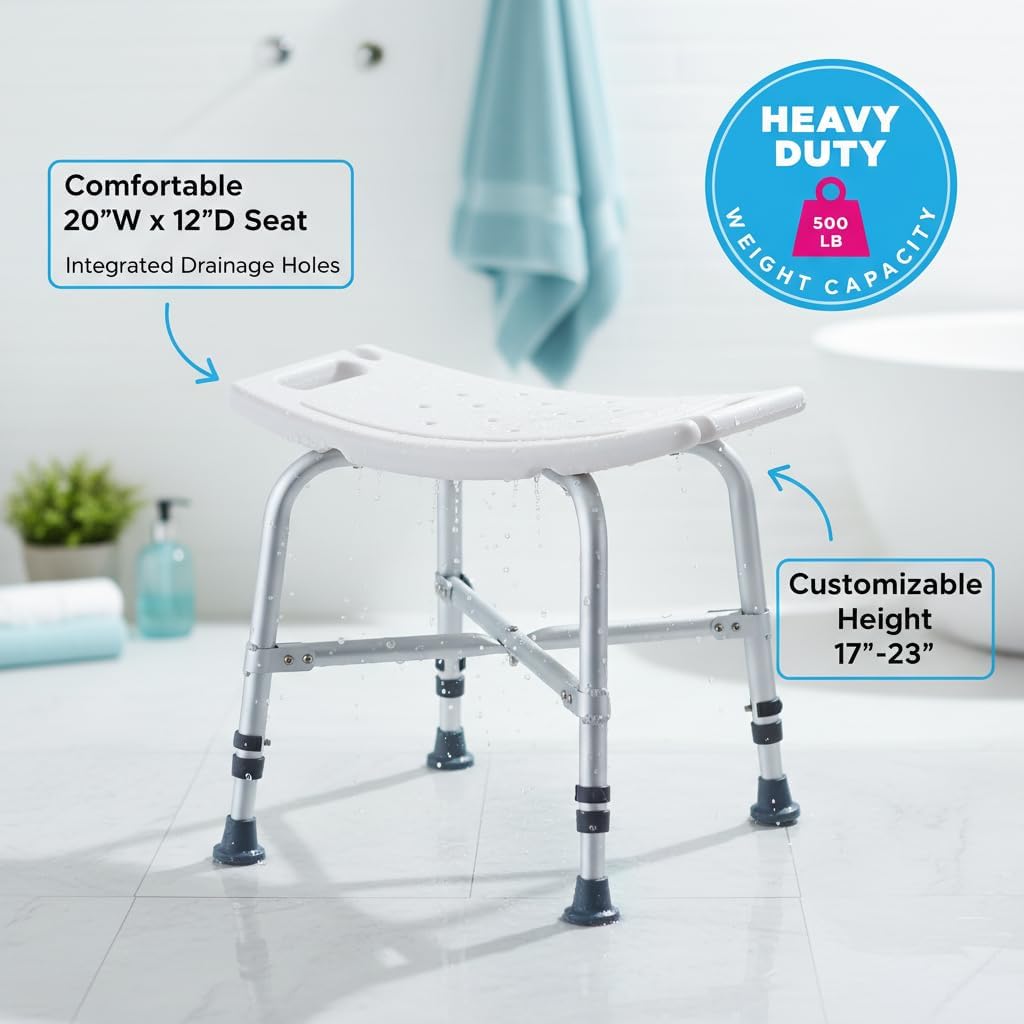 NOVA Heavy Duty Shower Chair, 500 lb Bariatric Bath Seat for Seniors, Fully Assembled, Adjustable Height 17"–23", Dual Handles, Handheld Shower Holder, Non-Slip Feet