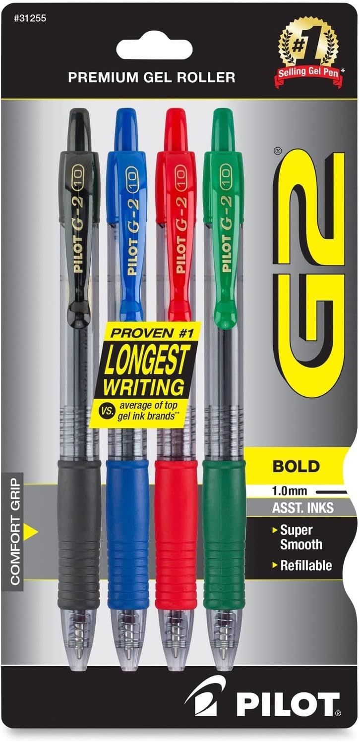 PILOT G2 Premium Rolling Ball Gel Pens, 1.0 mm, Black Ink, 4-Pack