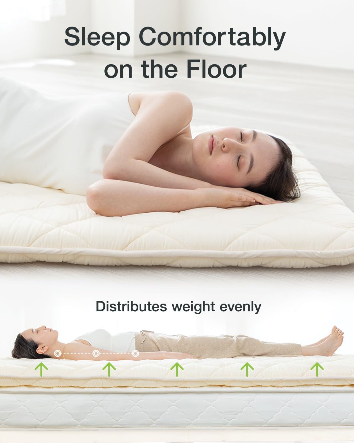 FULI Japanese Futon, Twin XL Size, White - Foldable Shikibuton Floor Bed | Medium Firm Quilted Cotton Sleeping Pad, Portable Roll-Up Japanese Floor Bed for Guests & Small Spaces, 100% cotton surface
