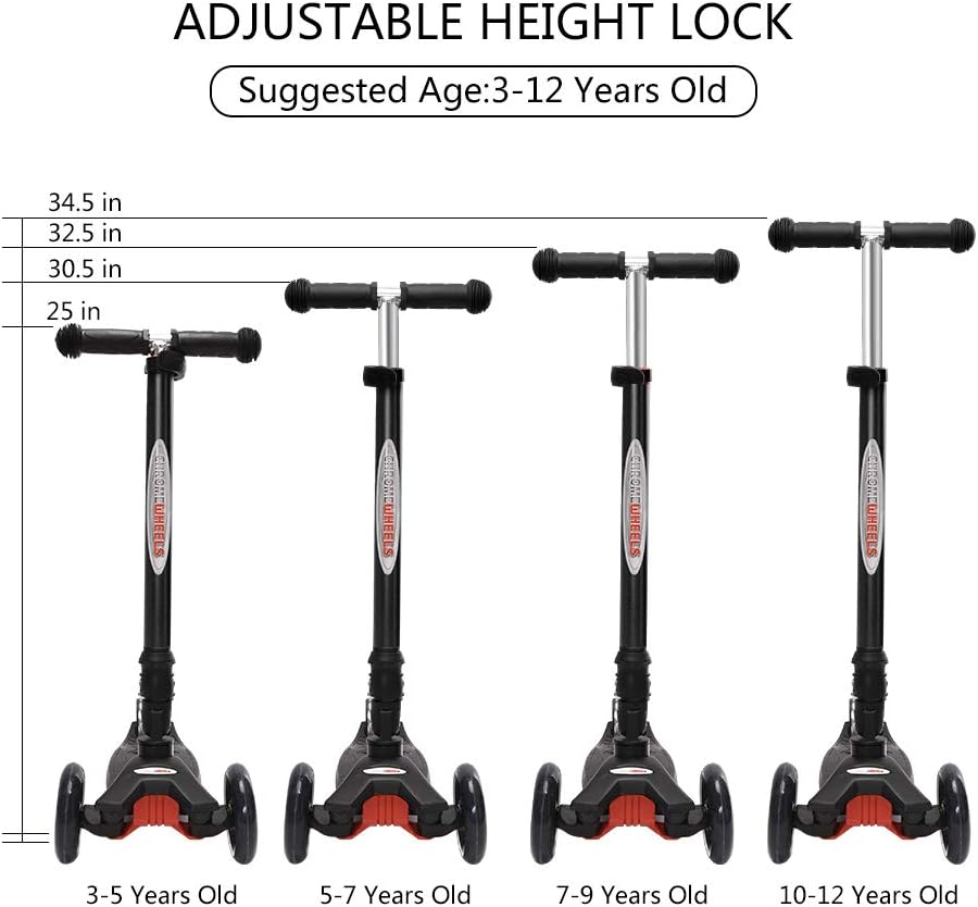 ChromeWheels Foldable Scooters for Kids, Deluxe Kick Scooter 4 Adjustable Height 132lbs Weight Limit 3 Wheel, Lean to Steer LED Light Up Wheels
