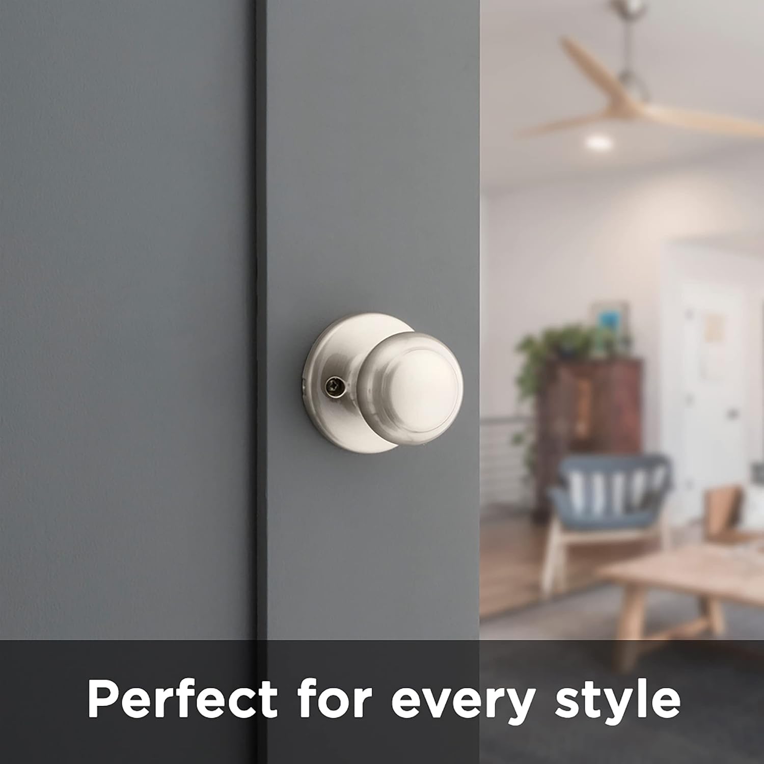 Kwikset Cove Interior Privacy Door Knob with Lock, Door Handle For Bathroom and Bedroom, Satin Nickel Keyless Turn Lock Doorknob, with Microban Protection