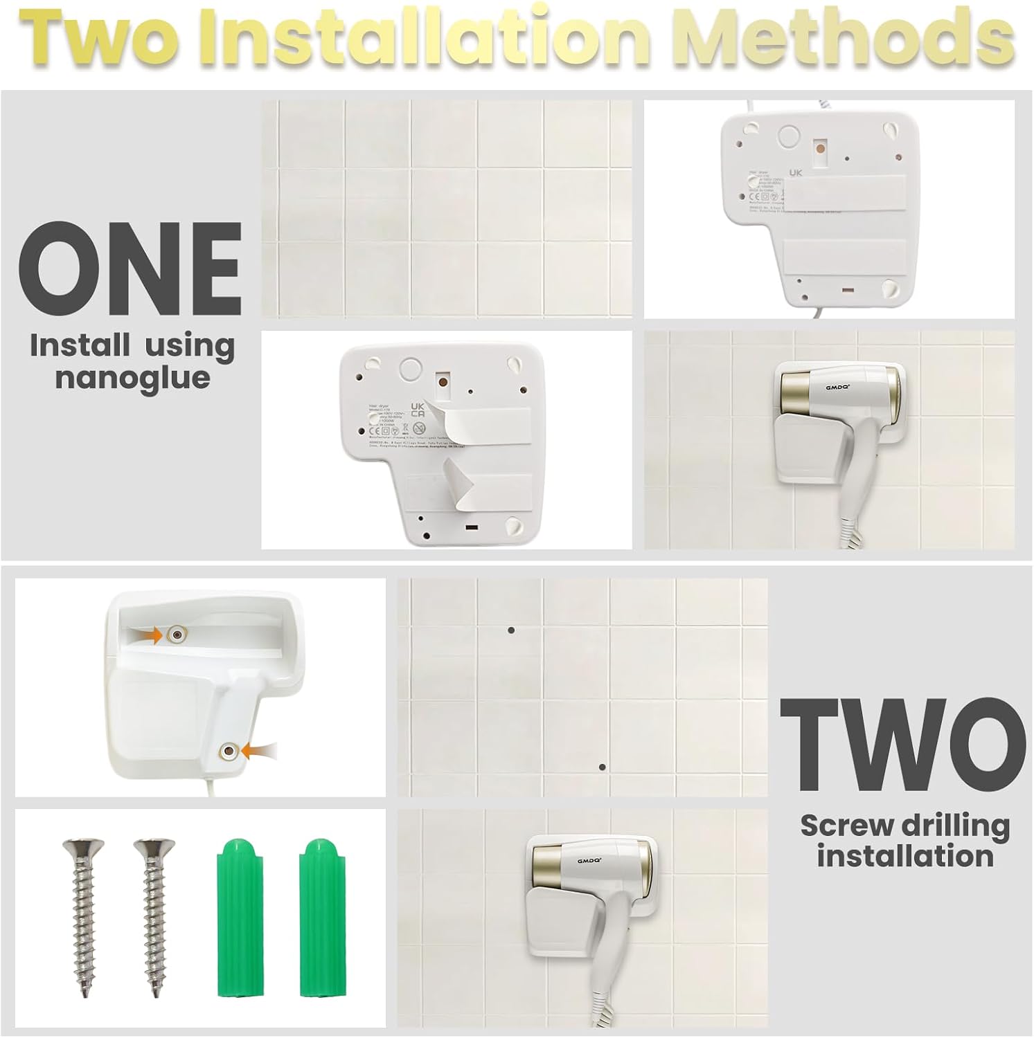 Wall Mounted Hair Dryer for Bathroom - 110V Professional Blow Dryer with Fast Drying Salon Motor, Heavy Duty Wall Mount Hairdryer with Stand Rack