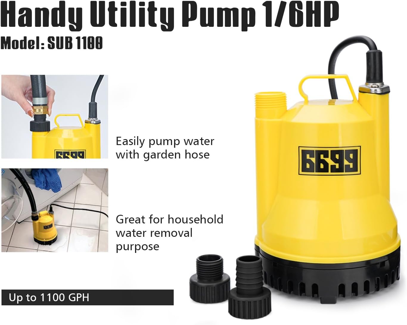 1/6HP Portable Utility Pump Submersible Small Backup Sump Pump Draining Tool to Remove Water from Flooding House Basement Pool Tankless Heater
