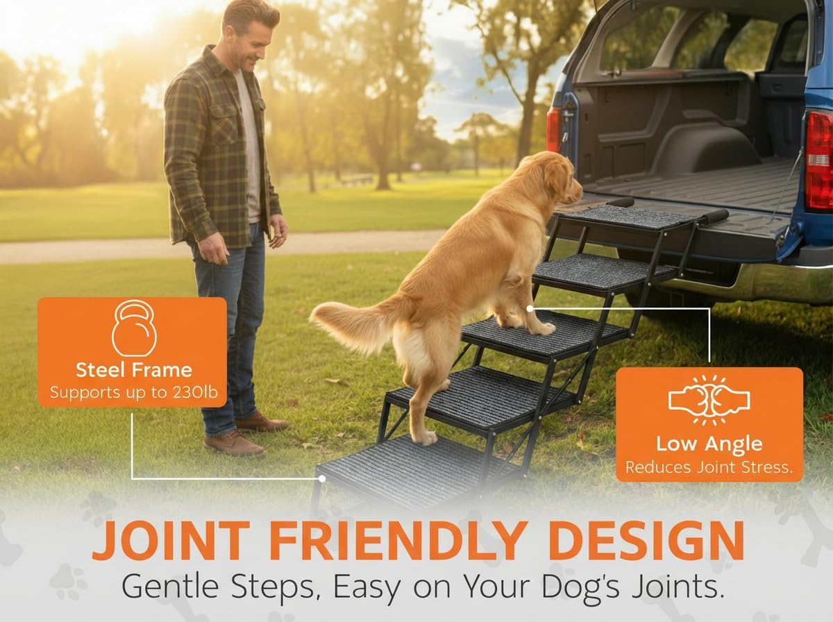 Foldable Dog Stairs for Cars Trucks & SUVs - Heavy-Duty Carbon Steel Pet Ladder Supports 230LB - Non-Slip Metal Mesh Joint-Friendly Portable Ramp for Large Dogs - 5 Step Pet Stairs w/Mat