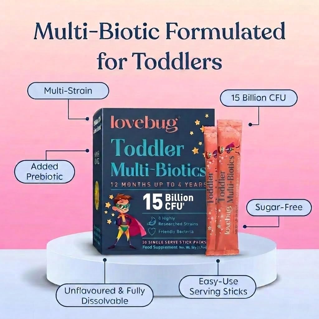 LOVEBUG Award Winning Probiotics | Constipation & Stomach Discomfort | Softer Bowel Movements | Easy-to-Take Powder | Ages 12 Months to 4 Years | 60 Packets
