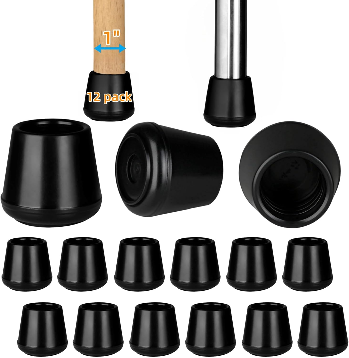 Furnigear Chair Leg Tips Caps Non-Slip Rubber Leg Tips 1-1/2” Inner Diameter Chair Leg Floor Protectors Round Black 4 Pack (Fit Round Diameter